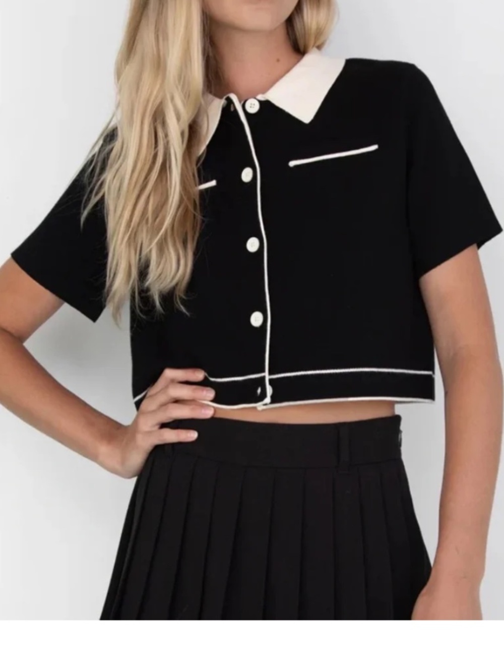 OAK + FORT Black Cropped Knit Polo with Cream Trim